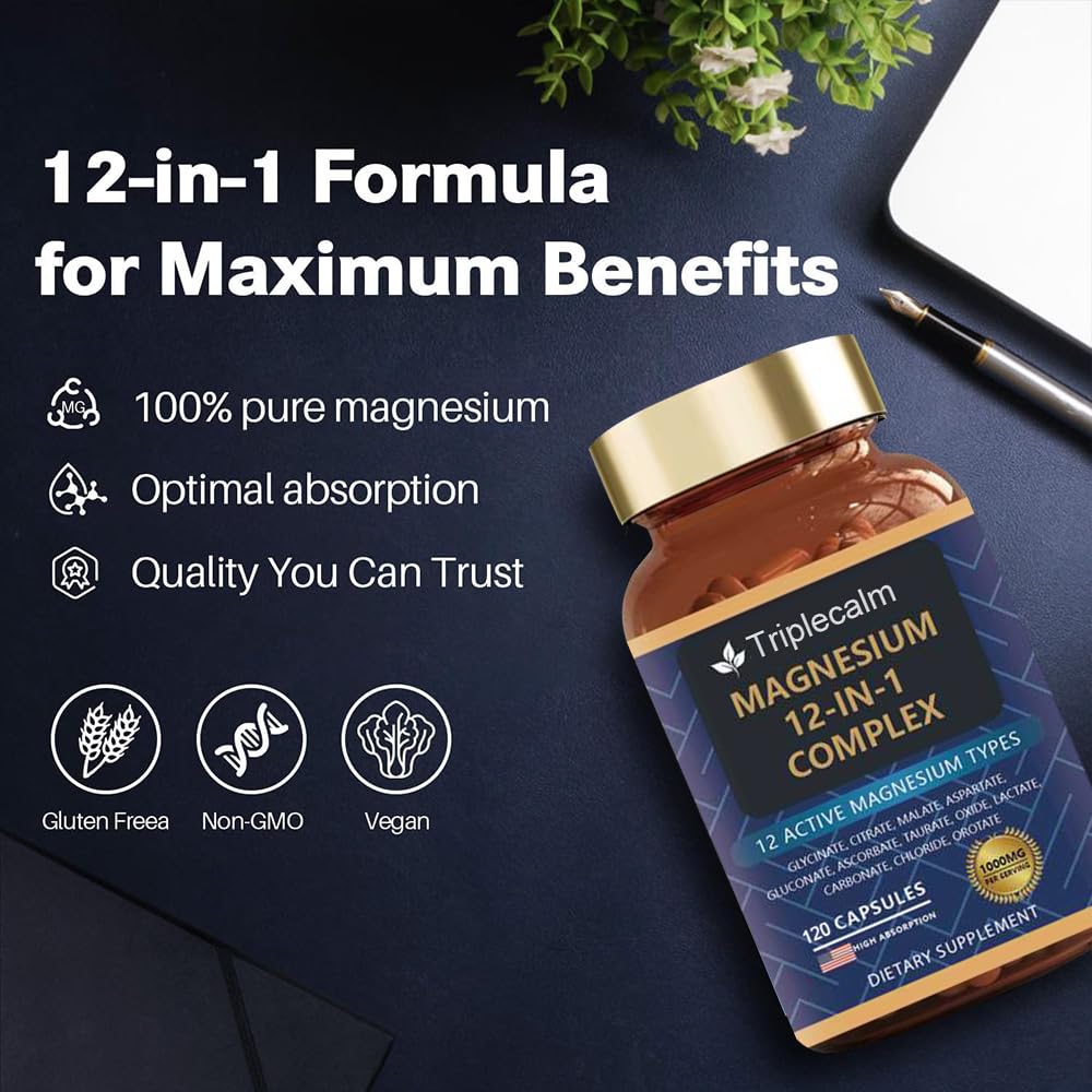 Magnesium Complex 12 in 1 Supplement - 12 Elemental 1000mg - Magnesium Glycinate, Citrate, Malate, Taurate - High Absorption,for Muscle, Nerve & Sleep Support - 120 Capsules - Maple Wellness Supplements