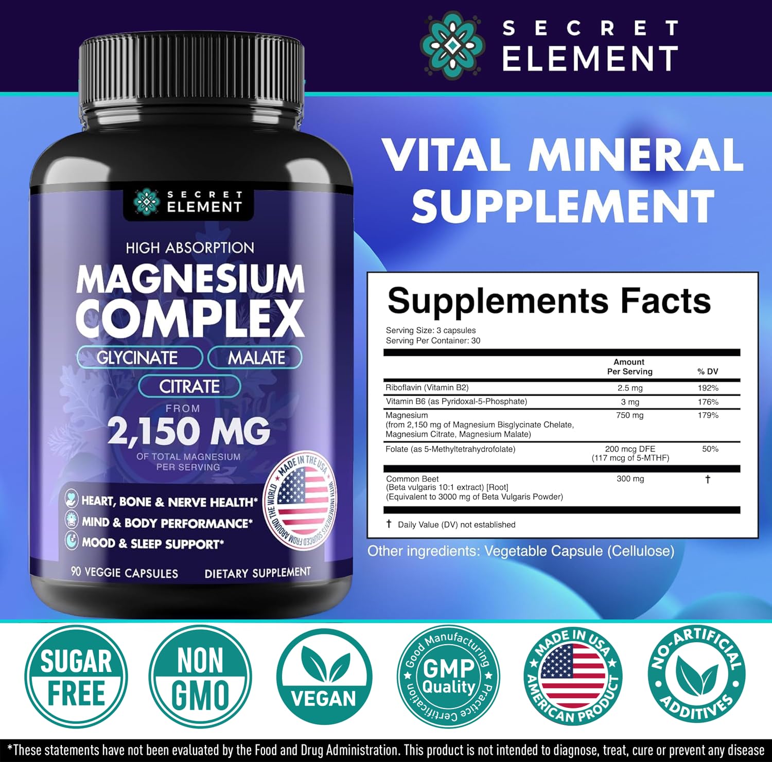 Magnesium Complex 2,150MG, High Absorption Capsules with Magnesium Glycinate, Citrate & Malate, Plus Vitamin B6, B2, Folate & Beet Root, Vegan, Non-GMO, No Artificial Additives, 90 Capsules - Maple Wellness Supplements