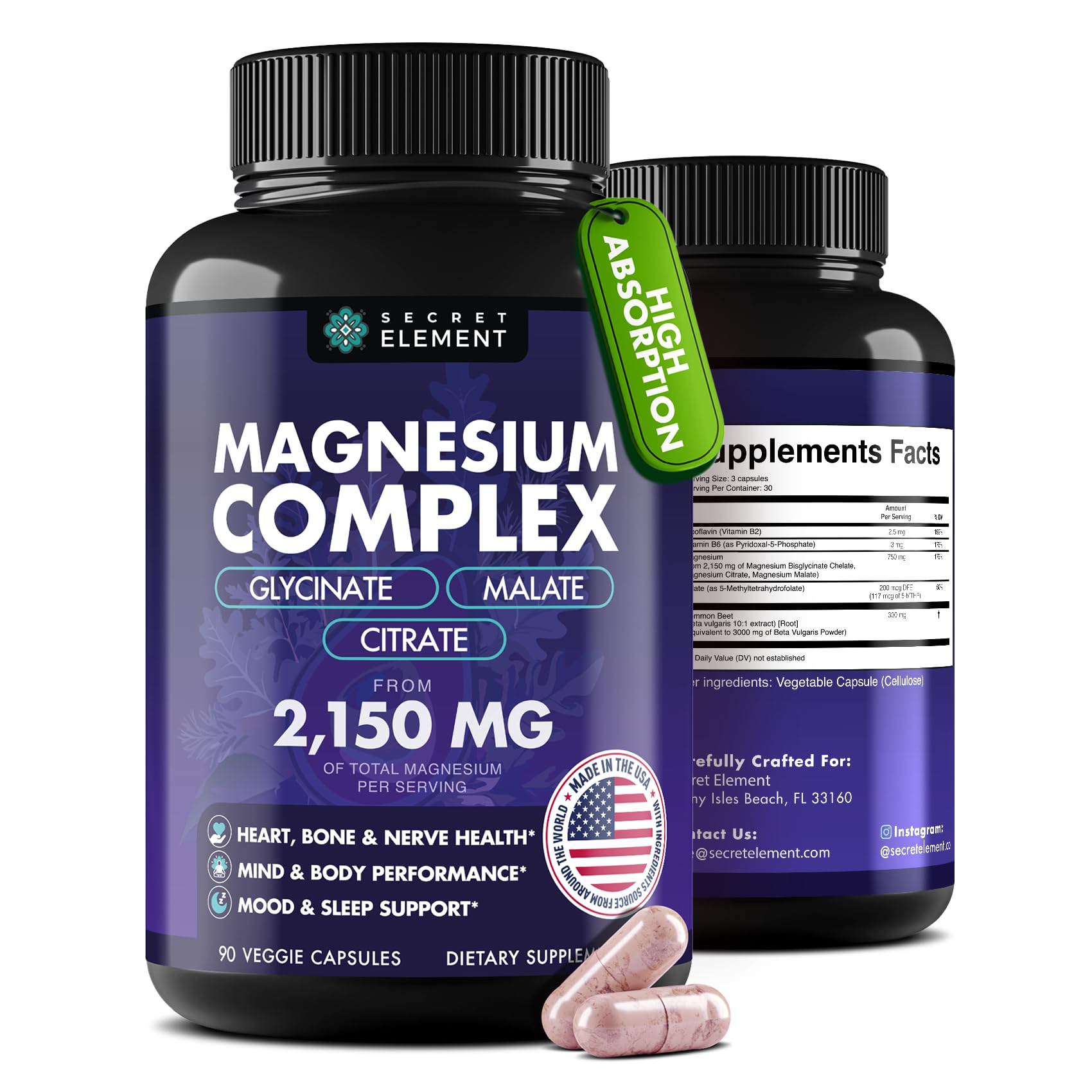 Magnesium Complex 2,150MG, High Absorption Capsules with Magnesium Glycinate, Citrate & Malate, Plus Vitamin B6, B2, Folate & Beet Root, Vegan, Non-GMO, No Artificial Additives, 90 Capsules - Maple Wellness Supplements