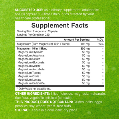 Magnesium Complex 500mg, 240 Veggie Capsules – 10-in-1 Glycinate, Citrate, Malate, Oxide, & More – 100% Chelated for Easy Absorption – Essential Mineral Supplement – Non-GMO - Maple Wellness Supplements