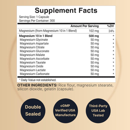 Magnesium Complex 500mg, 300 Capsules | 10-in-1 Magnesium Glycinate, Citrate, Malate & More | Chelated Form for Easy Absorption | Non-GMO - Maple Wellness Supplements