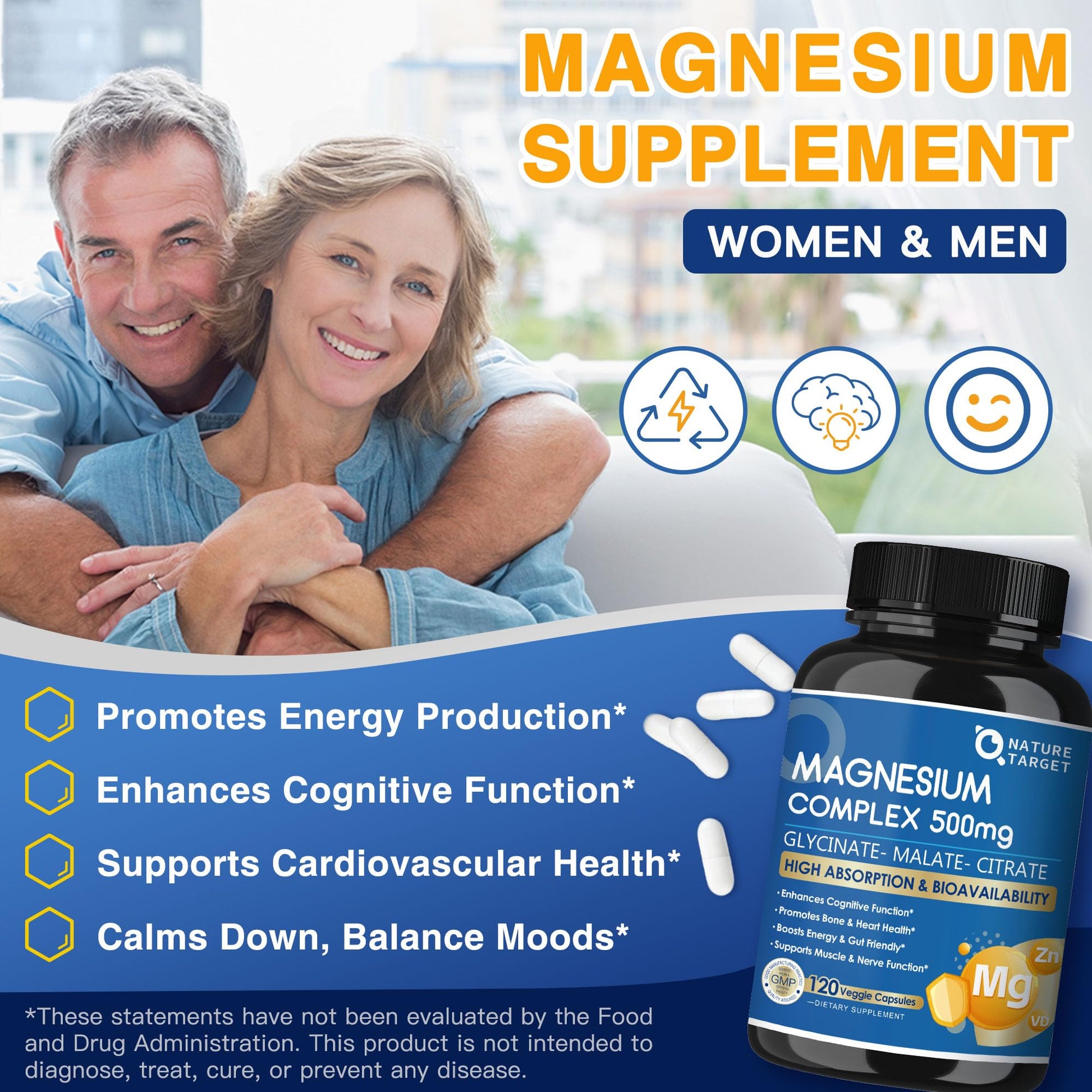 Magnesium Complex 500mg, Magnesium Glycinate, Malate & Citrate - High Absorption Chelated Triple Magnesium Supplement with Zinc, Vitamin D3 for Muscle, Nerve, Bone & Immune Support, Vegan 120 Capsules - Maple Wellness Supplements