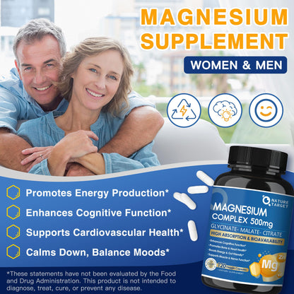 Magnesium Complex 500mg, Magnesium Glycinate, Malate & Citrate - High Absorption Chelated Triple Magnesium Supplement with Zinc, Vitamin D3 for Muscle, Nerve, Bone & Immune Support, Vegan 120 Capsules - Maple Wellness Supplements