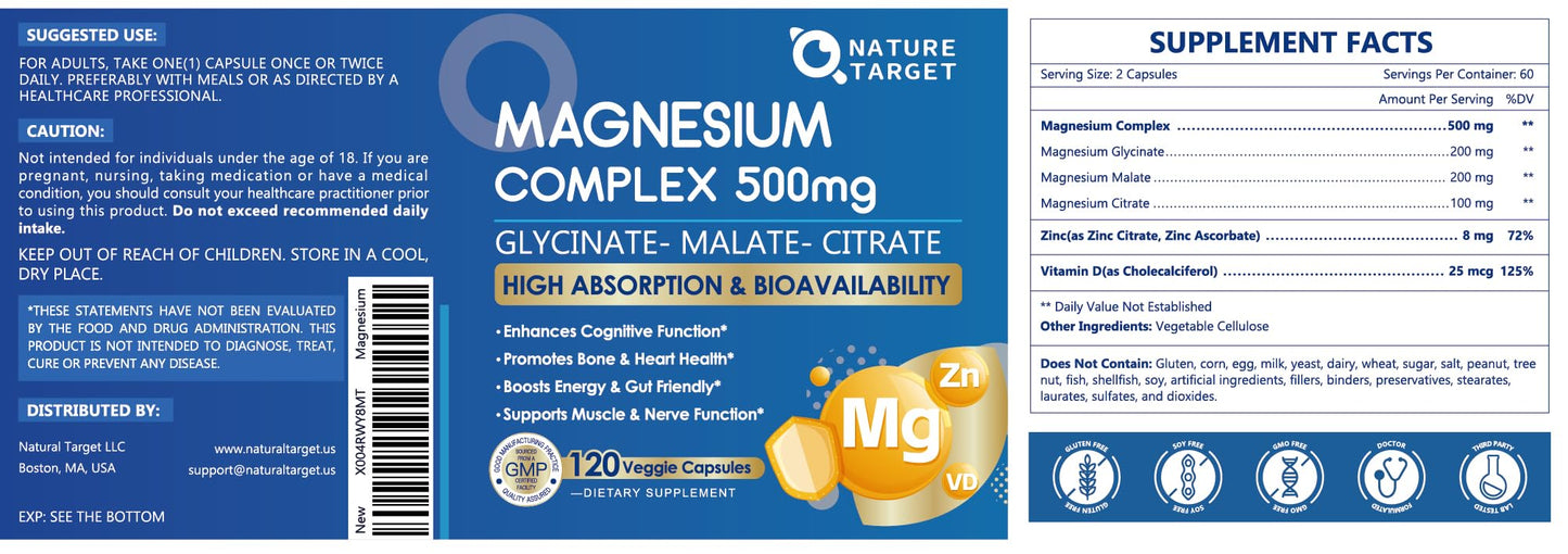 Magnesium Complex 500mg, Magnesium Glycinate, Malate & Citrate - High Absorption Chelated Triple Magnesium Supplement with Zinc, Vitamin D3 for Muscle, Nerve, Bone & Immune Support, Vegan 120 Capsules - Maple Wellness Supplements