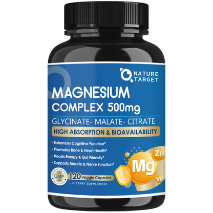Magnesium Complex 500mg, Magnesium Glycinate, Malate & Citrate - High Absorption Chelated Triple Magnesium Supplement with Zinc, Vitamin D3 for Muscle, Nerve, Bone & Immune Support, Vegan 120 Capsules - Maple Wellness Supplements