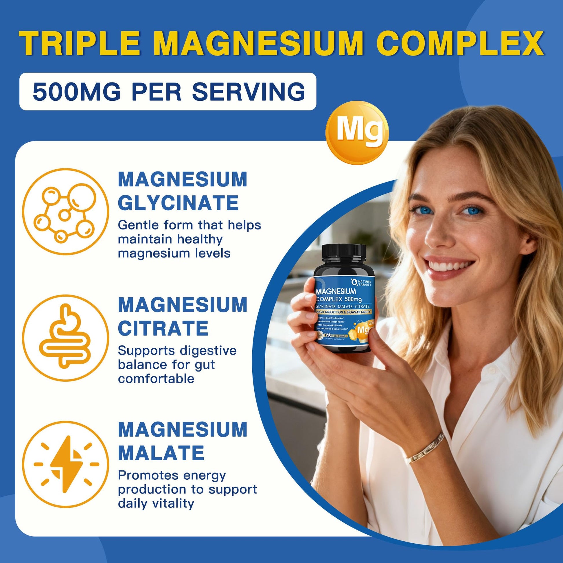 Magnesium Complex 500mg, Magnesium Glycinate, Malate & Citrate - High Absorption Chelated Triple Magnesium Supplement with Zinc, Vitamin D3 for Muscle, Nerve, Bone & Immune Support, Vegan 120 Capsules - Maple Wellness Supplements