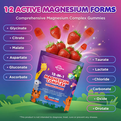 Magnesium Complex 700mg - 12 in 1 Magnesium Gummies with Glycinate, Citrate, Malate, Oxide, Taurate, Aspartate, Orotate - Supports Relaxation, Muscle & Heart - Sugar Free Strawberry 120 Count - Maple Wellness Supplements