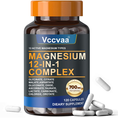 Magnesium Complex 700mg – 12-in-1 Magnesium Supplement with Glycinate, Citrate, Malate, Oxide, Taurate & More – High Absorption for Muscle, Heart, Sleep, Bone, Nerve Support –120 Capsules (1 Pack) - Maple Wellness Supplements