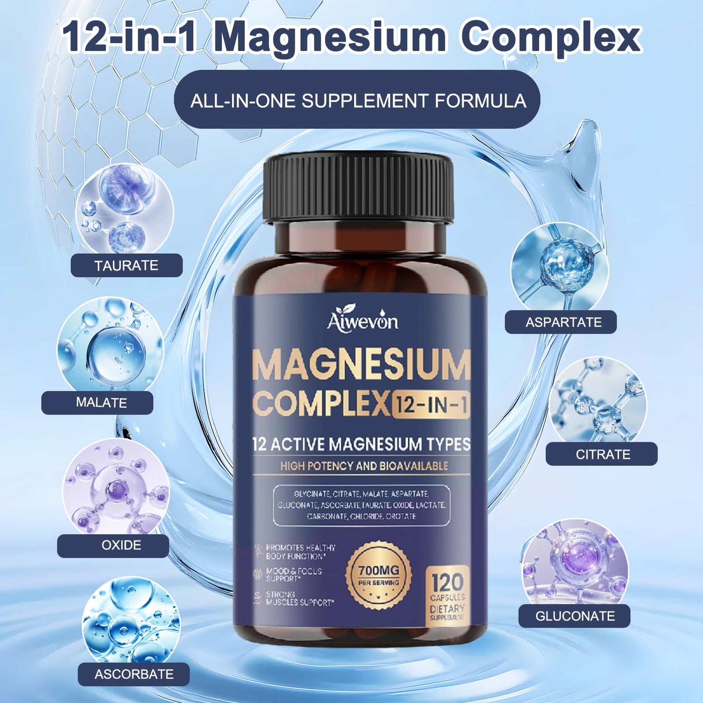 Magnesium Complex 700mg, 12 in 1 Magnesium Supplement with Glycinate, Citrate, Malate, Oxide, Taurate & Orotate, High Absorption Magnesium for Sleep, Muscle, Nerve & Heart Support, Vegan, 120 Capsules - Maple Wellness Supplements