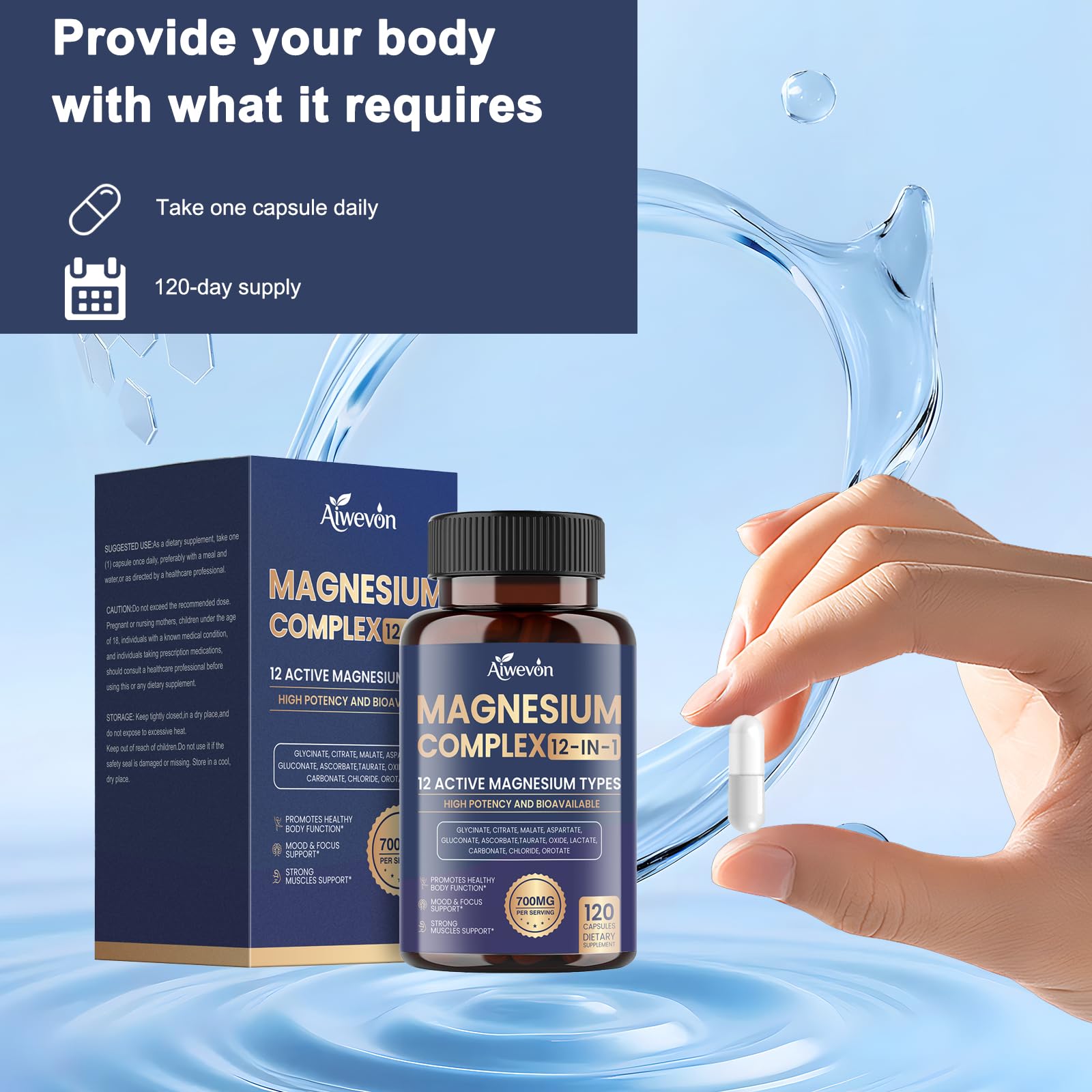 Magnesium Complex 700mg, 12 in 1 Magnesium Supplement with Glycinate, Citrate, Malate, Oxide, Taurate & Orotate, High Absorption Magnesium for Sleep, Muscle, Nerve & Heart Support, Vegan, 120 Capsules - Maple Wellness Supplements