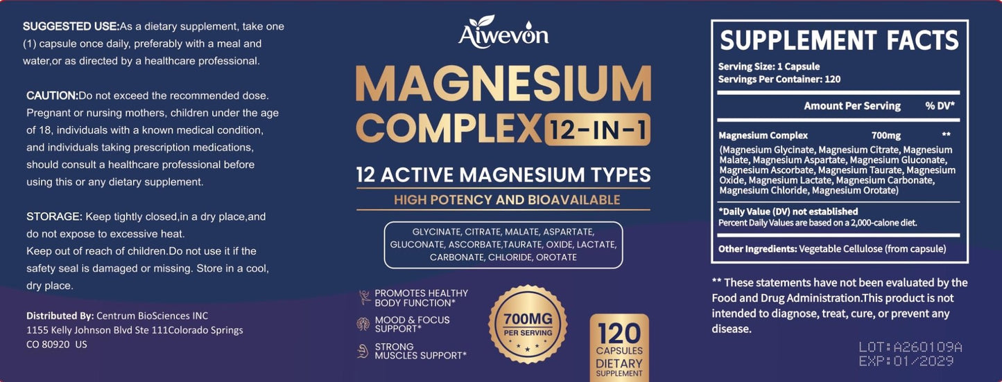 Magnesium Complex 700mg, 12 in 1 Magnesium Supplement with Glycinate, Citrate, Malate, Oxide, Taurate & Orotate, High Absorption Magnesium for Sleep, Muscle, Nerve & Heart Support, Vegan, 120 Capsules - Maple Wellness Supplements