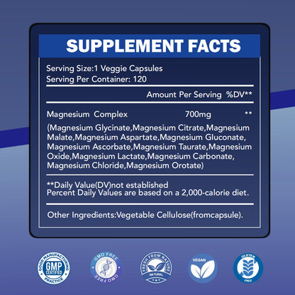 Magnesium Complex 700mg 12 in 1 Magnesium Supplement with Glycinate, Citrate, Malate | Sleep, Calm, Muscle Relaxation, Heart Health Support | Vegan 120 Capsules - Maple Wellness Supplements
