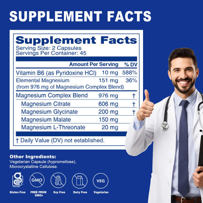 Magnesium Complex Capsule 5 in 1 Magnesium Supplement from Magnesium Glycinate, Citrate, Malate, L-Threonate & Vitamin B6, High Absorption Magnesium Supplement, Non-GMO, Vegan - Maple Wellness Supplements