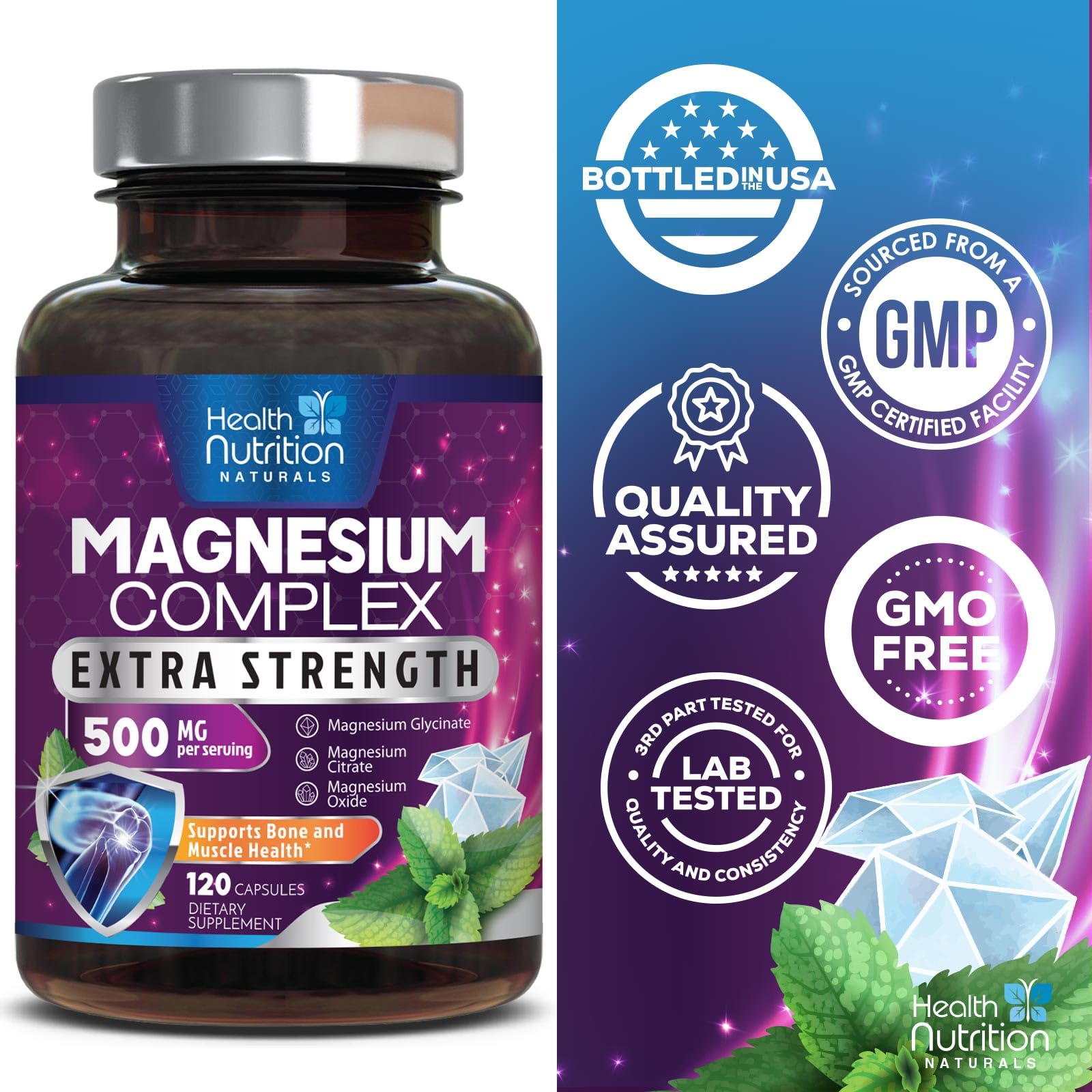 Magnesium Complex Capsules - 500mg per Serving Magnesium - High Absorption Chelated Mineral Supplement - with Oxide, Glycinate, Malate, Citrate for Muscle Bone and Heart Health Support - 120 Capsules - Maple Wellness Supplements
