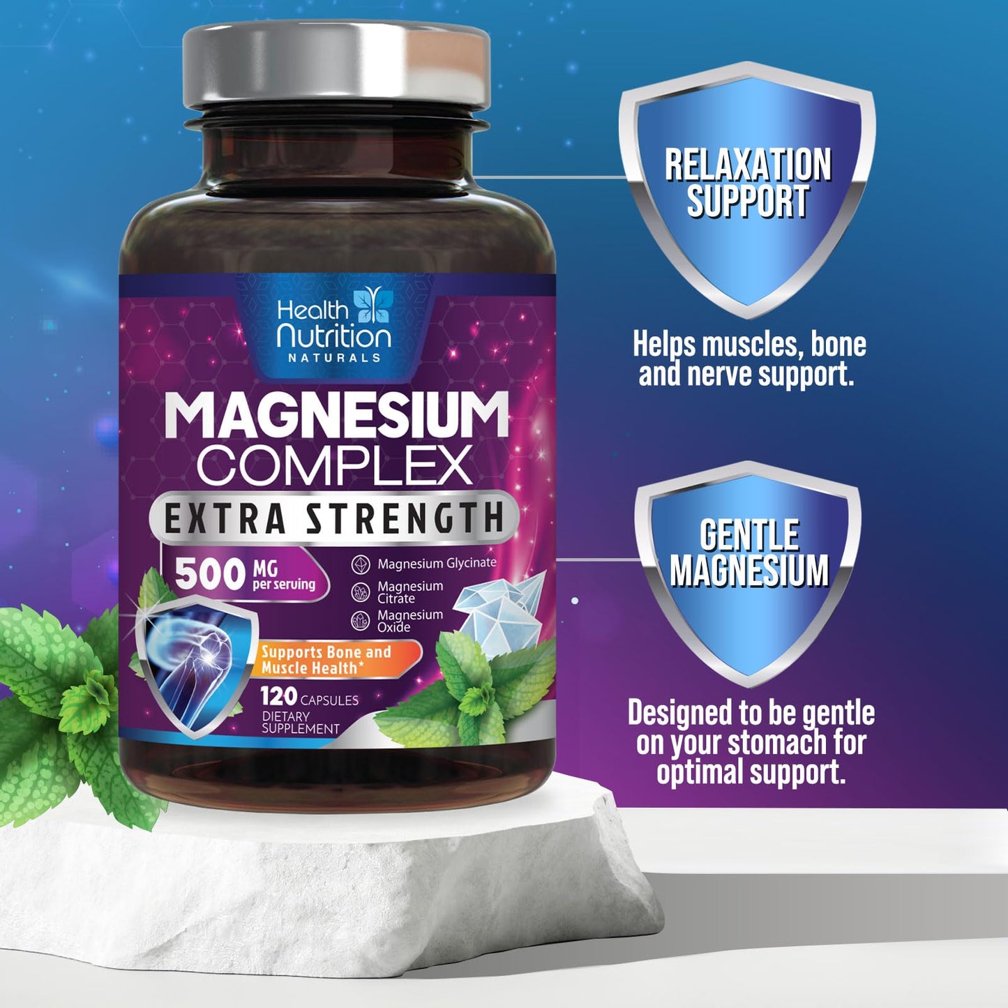 Magnesium Complex Capsules - 500mg per Serving Magnesium - High Absorption Chelated Mineral Supplement - with Oxide, Glycinate, Malate, Citrate for Muscle Bone and Heart Health Support - 120 Capsules - Maple Wellness Supplements