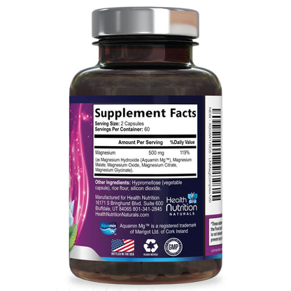 Magnesium Complex Capsules - 500mg per Serving Magnesium - High Absorption Chelated Mineral Supplement - with Oxide, Glycinate, Malate, Citrate for Muscle Bone and Heart Health Support - 120 Capsules - Maple Wellness Supplements