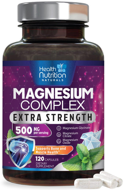Magnesium Complex Capsules - 500mg per Serving Magnesium - High Absorption Chelated Mineral Supplement - with Oxide, Glycinate, Malate, Citrate for Muscle Bone and Heart Health Support - 120 Capsules - Maple Wellness Supplements