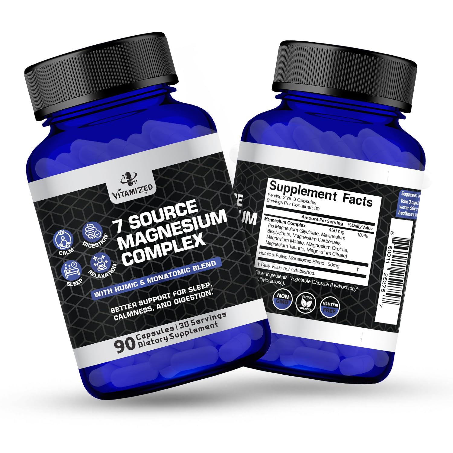 Magnesium Complex for Sleep, Relaxation, Digestion & Calm – Magnesium Glycinate, Citrate, Bisglycinate, Carbonate, Malate, Orotate, Taurate, + Humic/Fulvic for High Absorption - 90 ct. - Maple Wellness Supplements