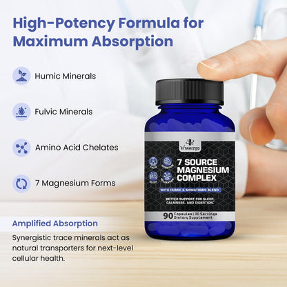 Magnesium Complex for Sleep, Relaxation, Digestion & Calm – Magnesium Glycinate, Citrate, Bisglycinate, Carbonate, Malate, Orotate, Taurate, + Humic/Fulvic for High Absorption - 90 ct. - Maple Wellness Supplements