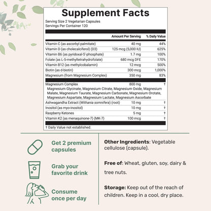 Magnesium Complex for Women, 240 Vegetarian Capsules | 20-in-1 Formula - Magnesium Blend with Vitamin D3, K2 - Maple Wellness Supplements