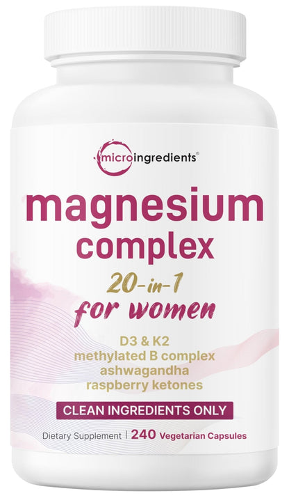 Magnesium Complex for Women, 240 Vegetarian Capsules | 20-in-1 Formula - Magnesium Blend with Vitamin D3, K2 - Maple Wellness Supplements