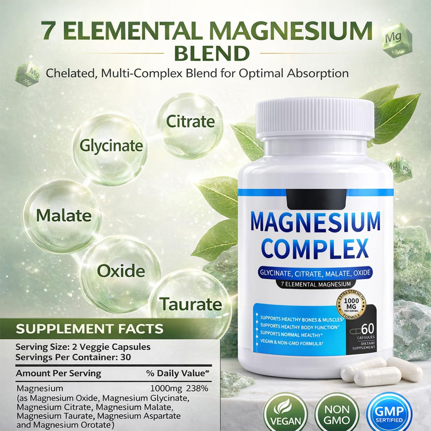 Magnesium Complex for Women & Men 1000mg — 7-in-1 Magnesium (Glycinate, Citrate & Malate) for Sleep Support, Stress Relief, Muscle Recovery — Vegan, 60 Capsules - Maple Wellness Supplements