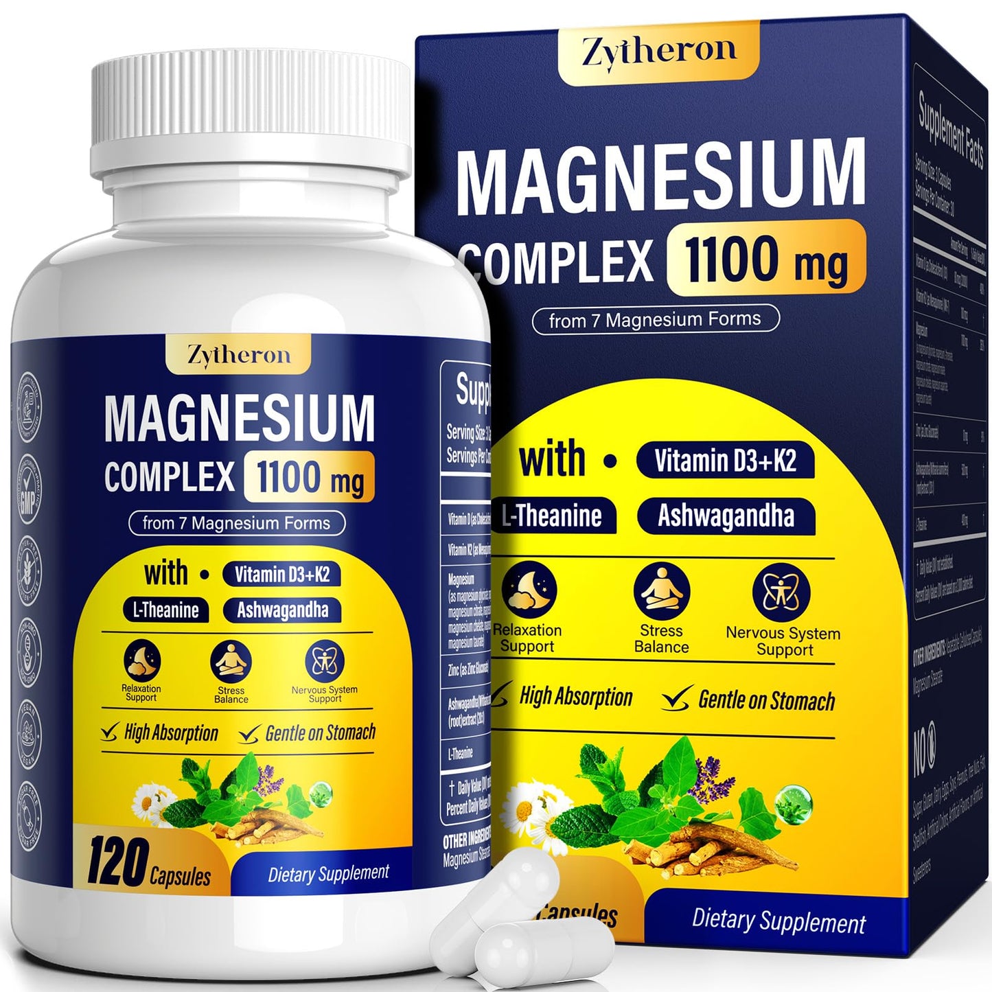 Magnesium Complex for Women & Men 1100mg, 7-in-1 Magnesium Supplement with Ashwagandha & L-Theanine for Calm & Sleep Support, High Absorption, Vegan 120 Capsules - Maple Wellness Supplements