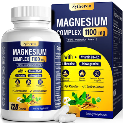 Magnesium Complex for Women & Men 1100mg, 7-in-1 Magnesium Supplement with Ashwagandha & L-Theanine for Calm & Sleep Support, High Absorption, Vegan 120 Capsules - Maple Wellness Supplements