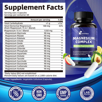 Magnesium Complex for Women Men 1350mg 15 in 1 Pure Magnesium Supplement, with High Absorption Chelated Magnesium Glycinate Citrate Malate & More for Muscle, Heart, Sleep & Bone Support, Vegan 60 Days - Maple Wellness Supplements