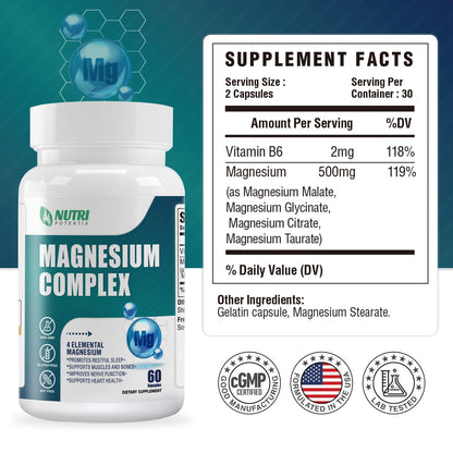 Magnesium Complex for Women&Men,With Glycinate Malate Citrate Taurate.Support for Sleep,Stress Relief,Cognitive Function,Magnesium Supplement 500mg,Third-Party Tested(Made & Tested in USA)-60 Capsules - Maple Wellness Supplements