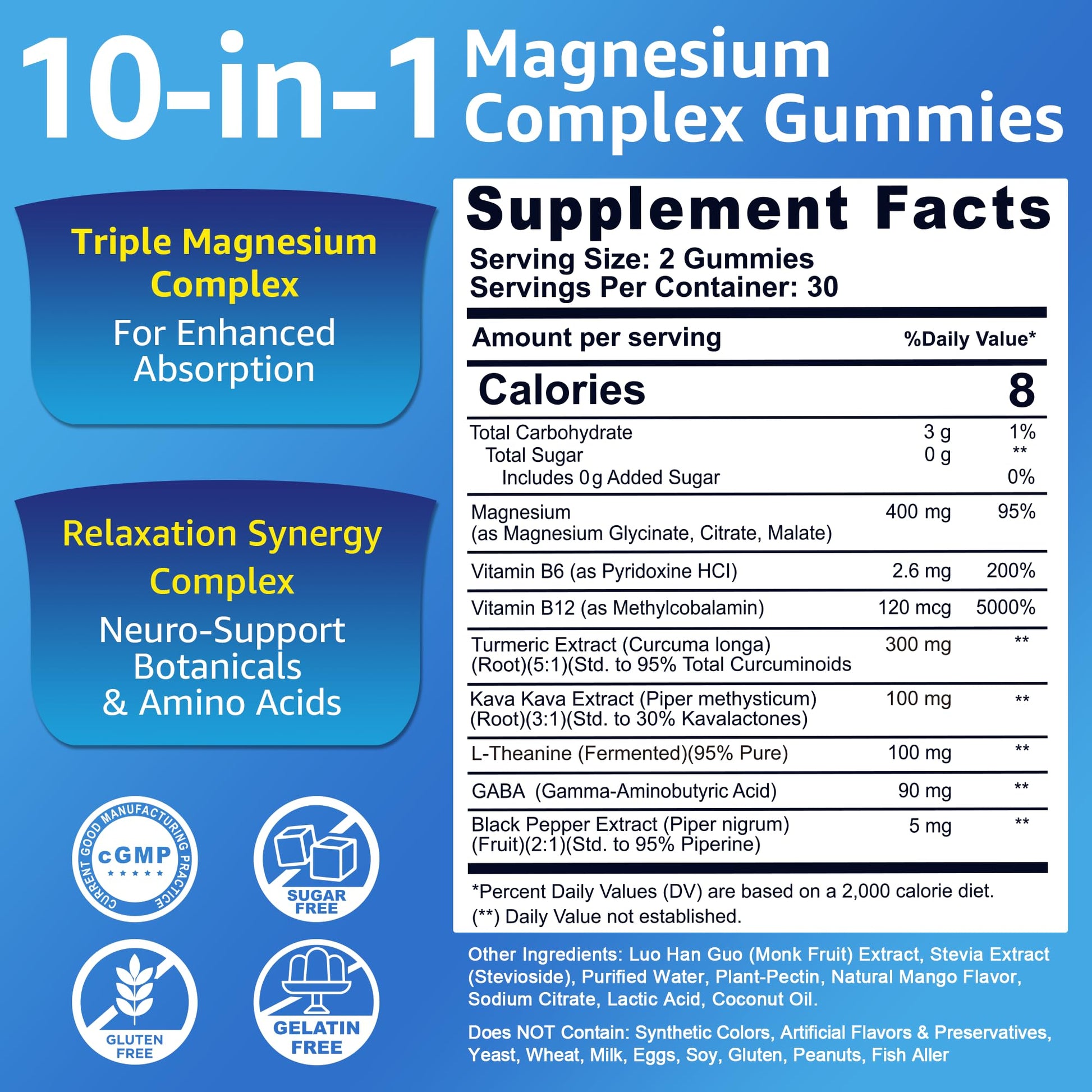 Magnesium Complex Gummies 400mg, Magneisum Glycinate Citrate Malate + Turmeric, GABA, B6 B12, Kava Kava, L-Theanine for Sleep, Calm, Relaxation, Energy - Maple Wellness Supplements