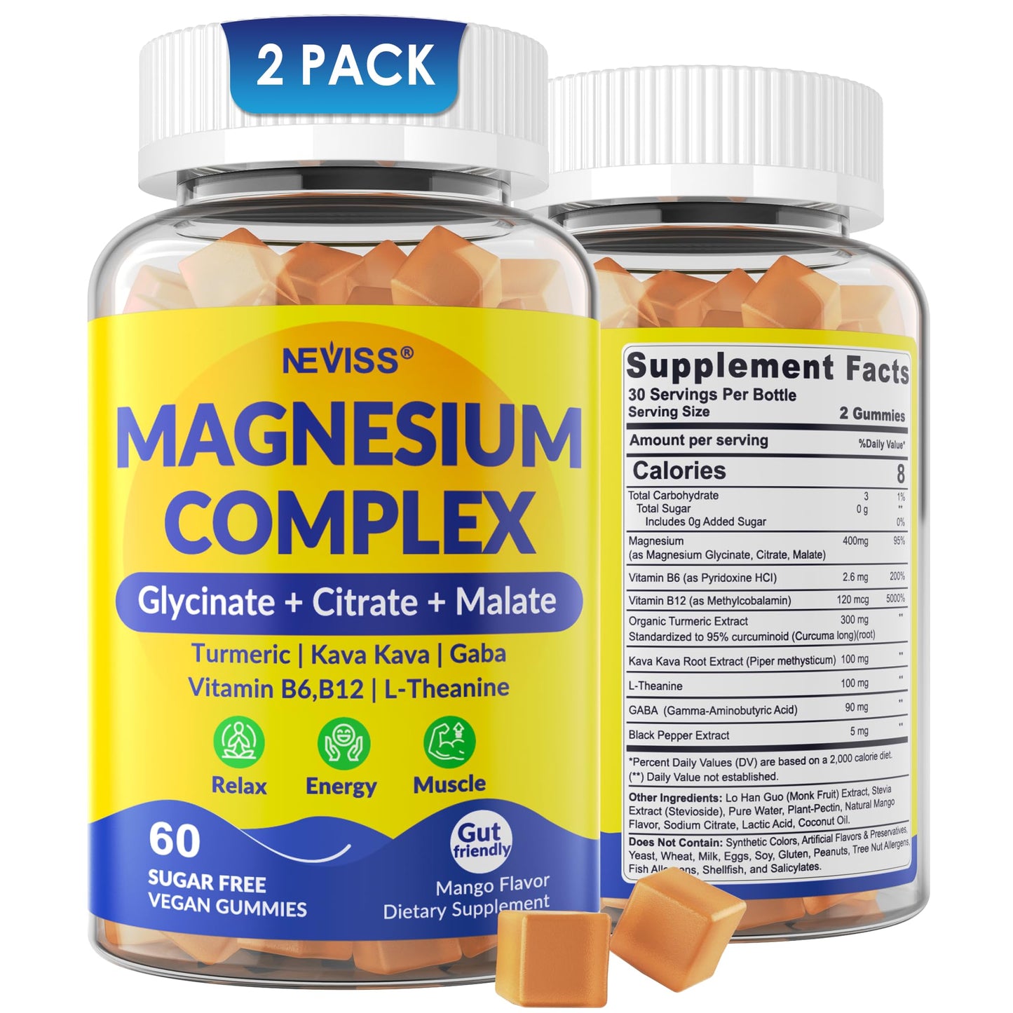 Magnesium Complex Gummies 400mg, Magneisum Glycinate Citrate Malate + Turmeric, GABA, B6 B12, Kava Kava, L-Theanine for Sleep, Calm, Relaxation, Energy - Maple Wellness Supplements