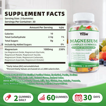 Magnesium Complex Gummies 8 Elemental 1000mg - Magnesium Glycinate, Citrate, Malate, Taurate, Supports Bones, Muscle, Nerve Health, for Women & Men, Vegan Non-GMO, Mixed Flavors, 60 Count - Maple Wellness Supplements