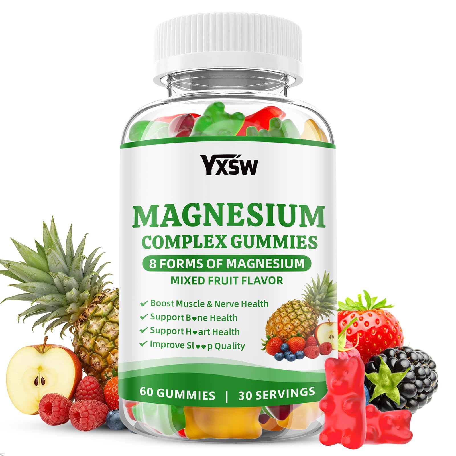 Magnesium Complex Gummies 8 Elemental 1000mg - Magnesium Glycinate, Citrate, Malate, Taurate, Supports Bones, Muscle, Nerve Health, for Women & Men, Vegan Non-GMO, Mixed Flavors, 60 Count - Maple Wellness Supplements
