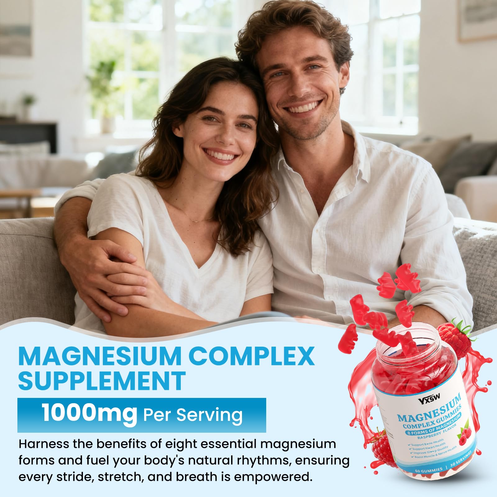 Magnesium Complex Gummies 8 Elemental 1000mg - Magnesium Glycinate, Citrate, Malate, Taurate, Supports Bones, Muscle, Nerve Health, for Women & Men, Vegan Non-GMO, Raspberry Flavor, 60 Count - Maple Wellness Supplements