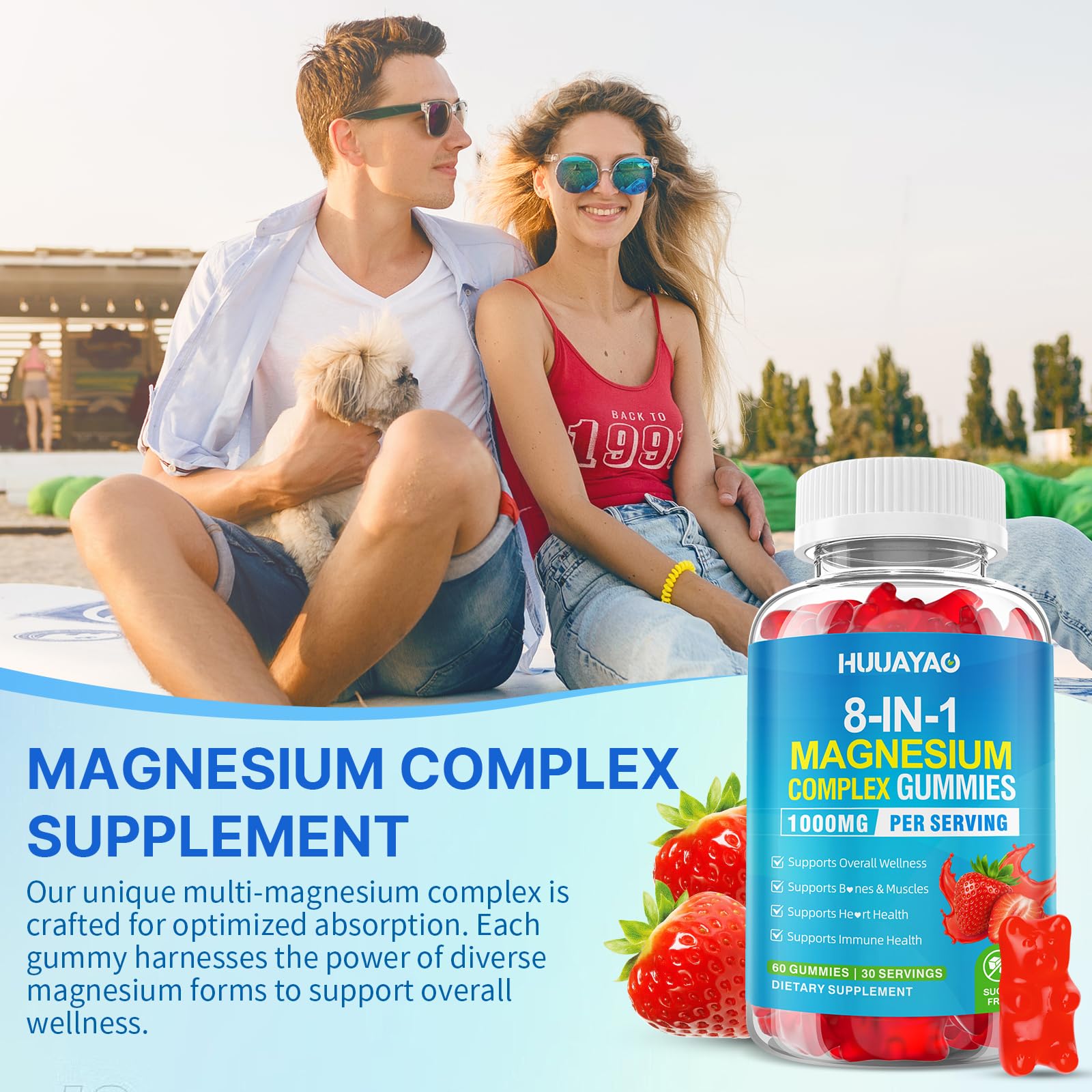 Magnesium Complex Gummies for Women Men 8 in 1, Magnesium Glycinate, Citrate, Malate, Taurate, Supports Bones, Muscle, Nerve Health, Sugar-Free, Vegan Non-GMO, Strawberry Flavor, 120 Count - Maple Wellness Supplements