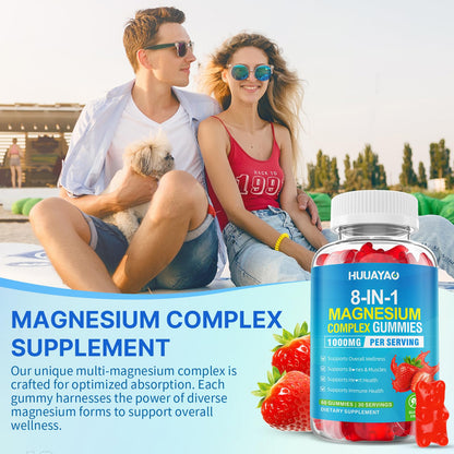 Magnesium Complex Gummies for Women Men 8 in 1, Magnesium Glycinate, Citrate, Malate, Taurate, Supports Bones, Muscle, Nerve Health, Sugar-Free, Vegan Non-GMO, Strawberry Flavor, 120 Count - Maple Wellness Supplements