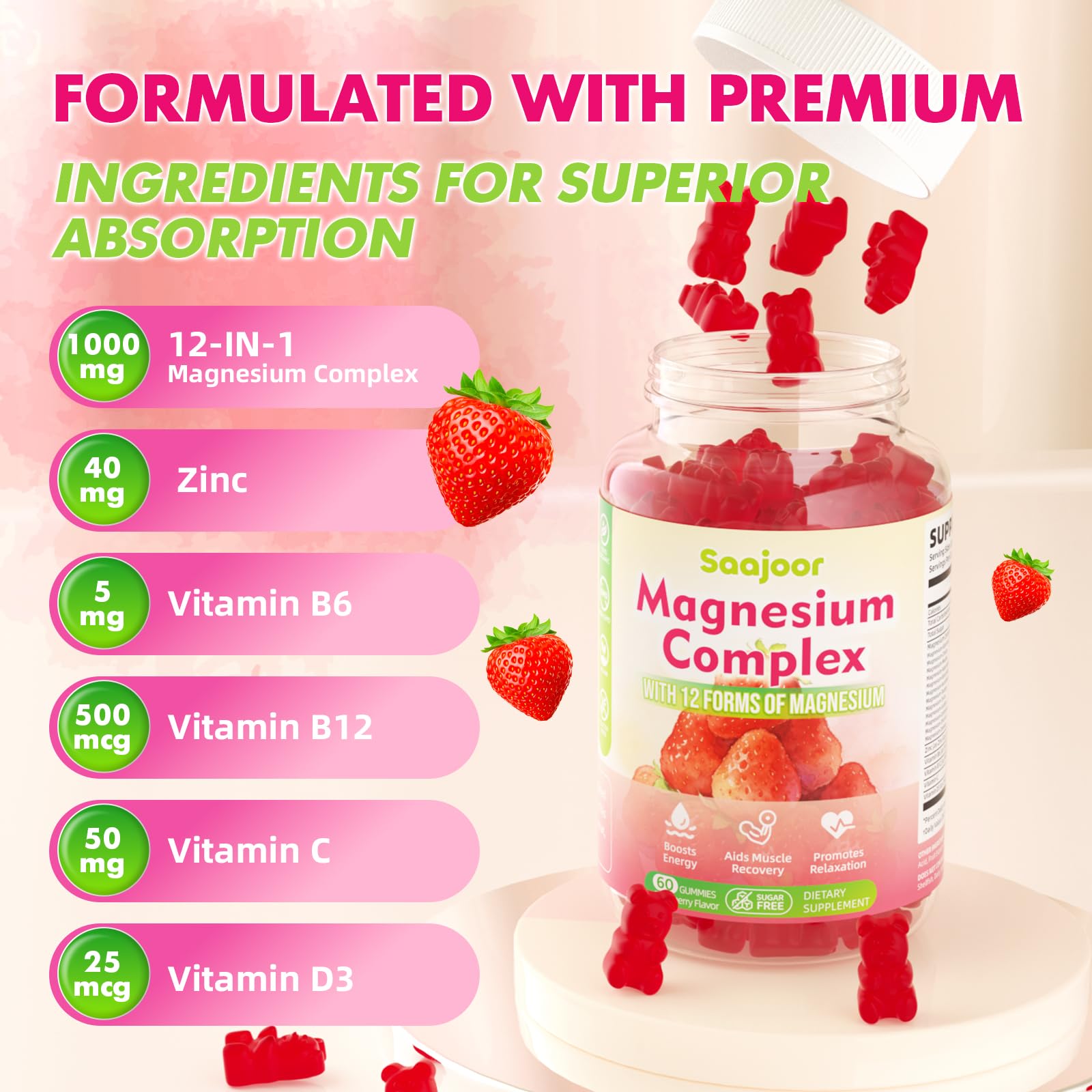 Magnesium Complex Gummies – with 12 Forms of Magnesium (Citrate, Glycinate, Malate, Oxide, and More) Plus Vitamins B6, B12, and C. for Women and Men – Strawberry Flavor, 60 Count - Maple Wellness Supplements