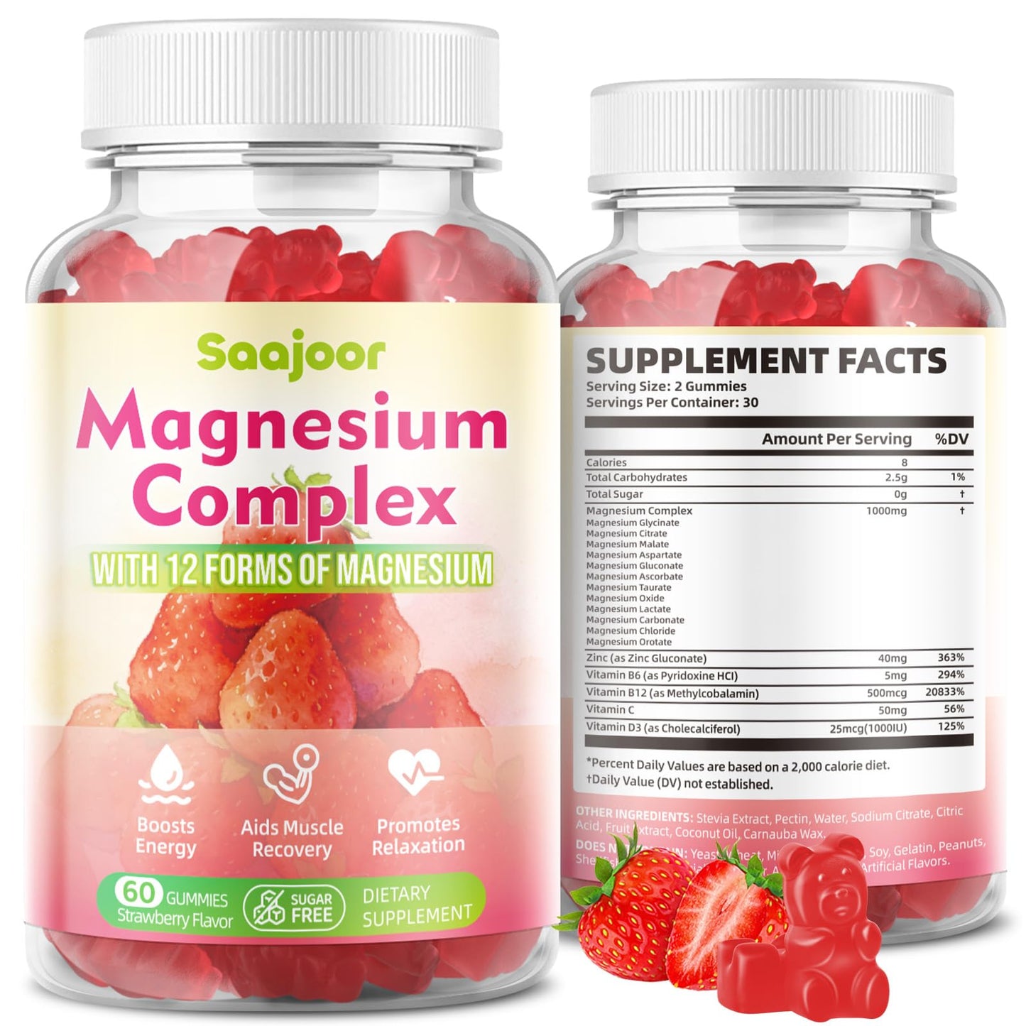 Magnesium Complex Gummies – with 12 Forms of Magnesium (Citrate, Glycinate, Malate, Oxide, and More) Plus Vitamins B6, B12, and C. for Women and Men – Strawberry Flavor, 60 Count - Maple Wellness Supplements