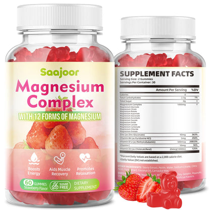 Magnesium Complex Gummies – with 12 Forms of Magnesium (Citrate, Glycinate, Malate, Oxide, and More) Plus Vitamins B6, B12, and C. for Women and Men – Strawberry Flavor, 60 Count - Maple Wellness Supplements