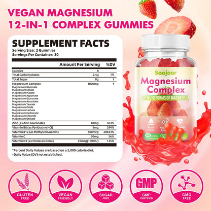 Magnesium Complex Gummies – with 12 Forms of Magnesium (Citrate, Glycinate, Malate, Oxide, and More) Plus Vitamins B6, B12, and C. for Women and Men – Strawberry Flavor, 60 Count - Maple Wellness Supplements
