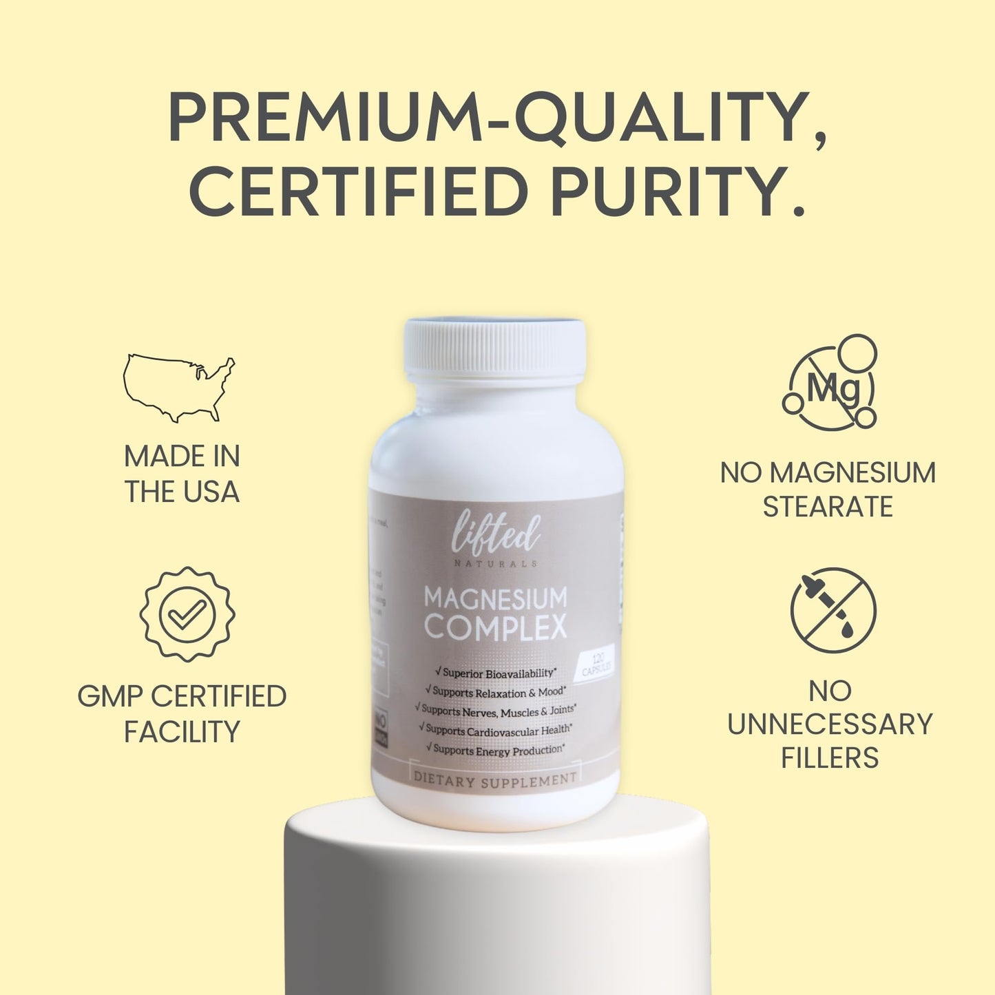 Magnesium Complex - Lifted Naturals Magnesium Supplement w/Bisglycinate, Malate, Taurate - 120 Capsules - Bioavailable Magnesium Formula for Mood, Sleep, Energy Support* - Maple Wellness Supplements