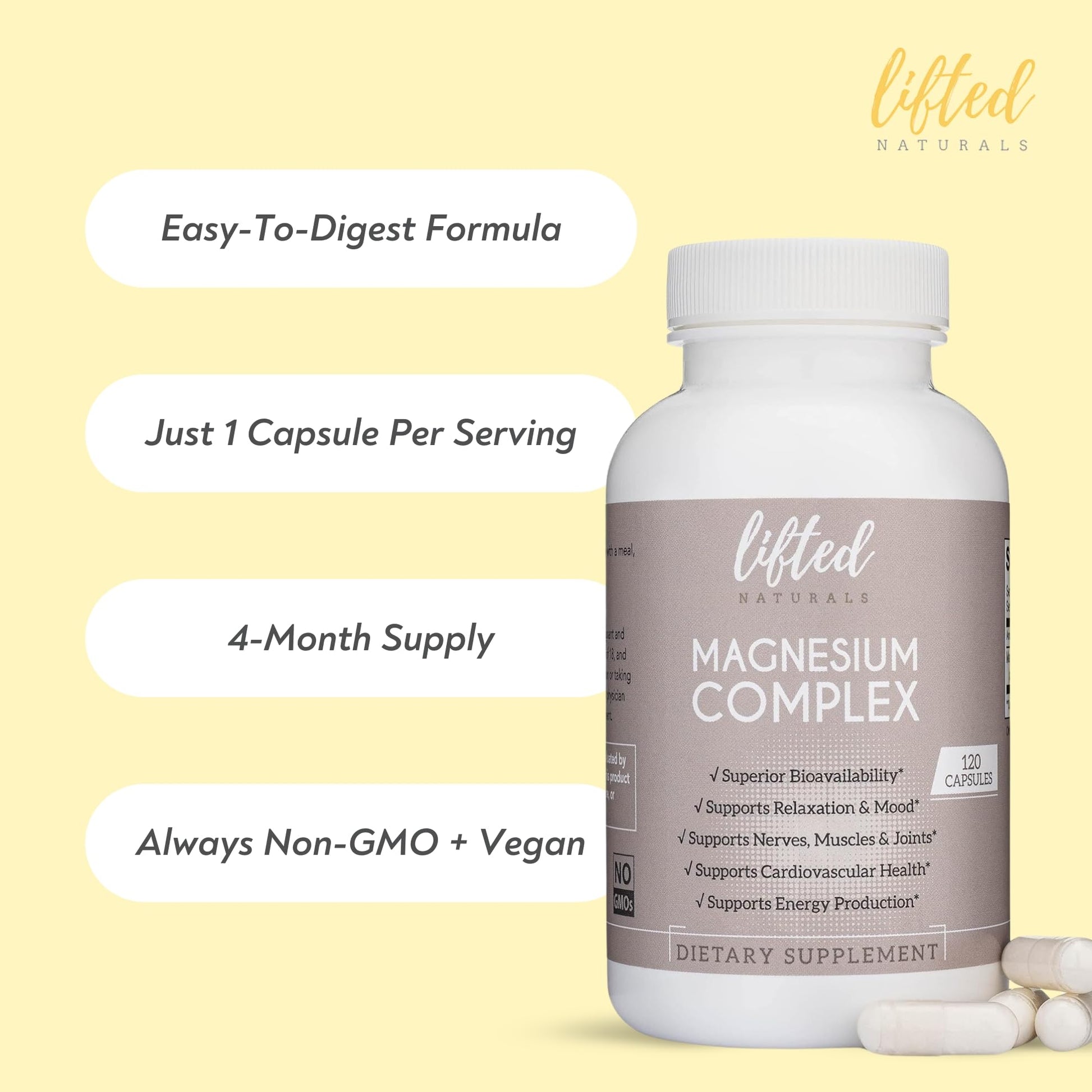 Magnesium Complex - Lifted Naturals Magnesium Supplement w/Bisglycinate, Malate, Taurate - 120 Capsules - Bioavailable Magnesium Formula for Mood, Sleep, Energy Support* - Maple Wellness Supplements