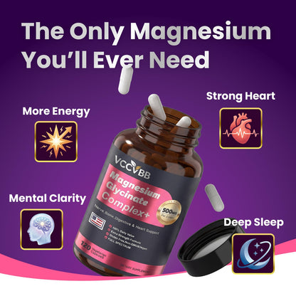 Magnesium Complex, Magnesium Glycinate, Elemental Magnesium Supplement with Taurate, Citrate, Orotate & Aspartate, Supports Muscle Relaxation, Heart Health, Sleep & Energy | Vegan (500mg) - Maple Wellness Supplements