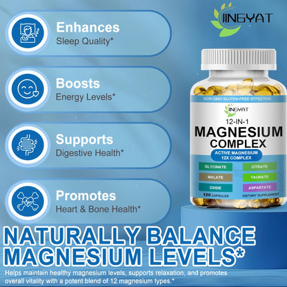 Magnesium Complex Softgels - 12-in-1 Magnesium Supplement with Glycinate,Citrate,Malate,Oxide,Taurate - High Absorption Magnesium Complex for Women & Men for Muscle, Heart, Sleep, Bone, Nerve Support - Maple Wellness Supplements