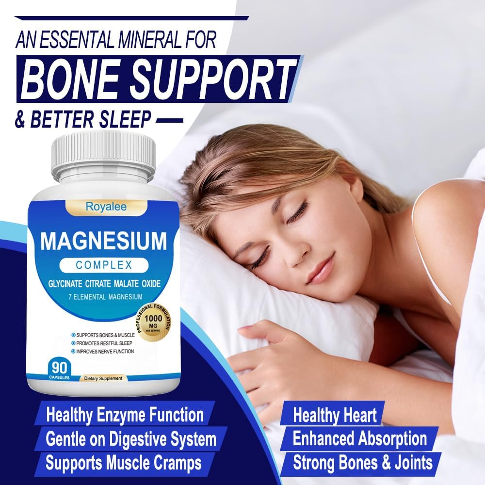 Magnesium Complex Supplement - 1000mg with 7 Magnesium Forms Including Glycinate, Citrate, Malate, Taurate & Orotate - Supports Relaxation, Muscle Function & Bone Strength - 90 Capsules - Maple Wellness Supplements
