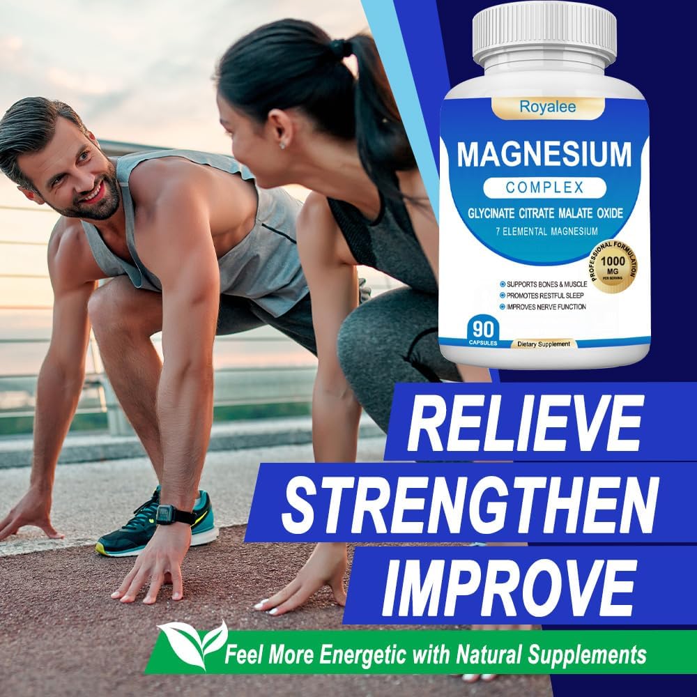 Magnesium Complex Supplement - 1000mg with 7 Magnesium Forms Including Glycinate, Citrate, Malate, Taurate & Orotate - Supports Relaxation, Muscle Function & Bone Strength - 90 Capsules - Maple Wellness Supplements