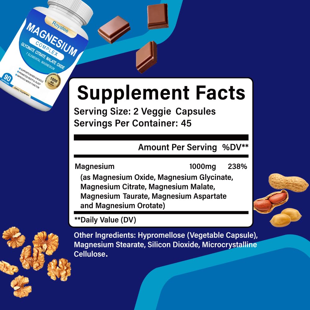 Magnesium Complex Supplement - 1000mg with 7 Magnesium Forms Including Glycinate, Citrate, Malate, Taurate & Orotate - Supports Relaxation, Muscle Function & Bone Strength - 90 Capsules - Maple Wellness Supplements