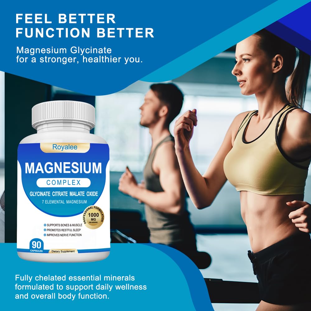 Magnesium Complex Supplement - 1000mg with 7 Magnesium Forms Including Glycinate, Citrate, Malate, Taurate & Orotate - Supports Relaxation, Muscle Function & Bone Strength - 90 Capsules - Maple Wellness Supplements