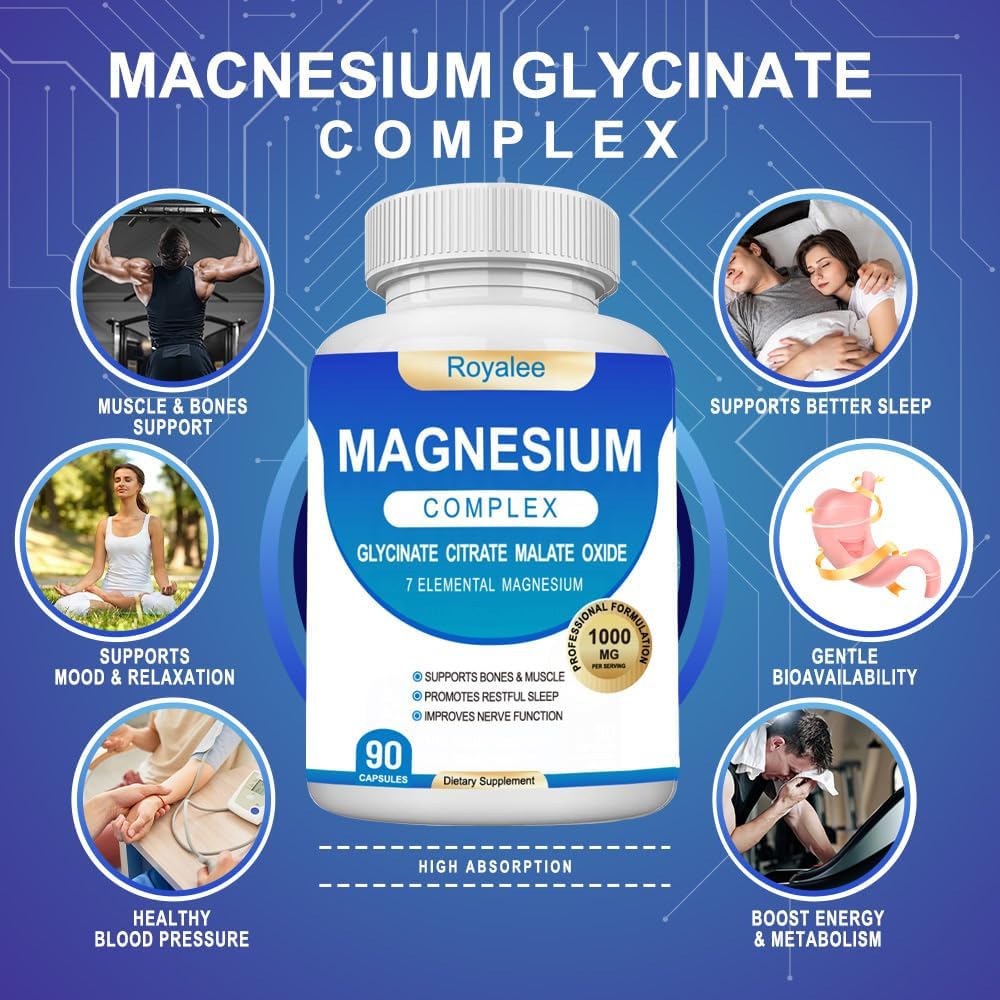 Magnesium Complex Supplement - 1000mg with 7 Magnesium Forms Including Glycinate, Citrate, Malate, Taurate & Orotate - Supports Relaxation, Muscle Function & Bone Strength - 90 Capsules - Maple Wellness Supplements